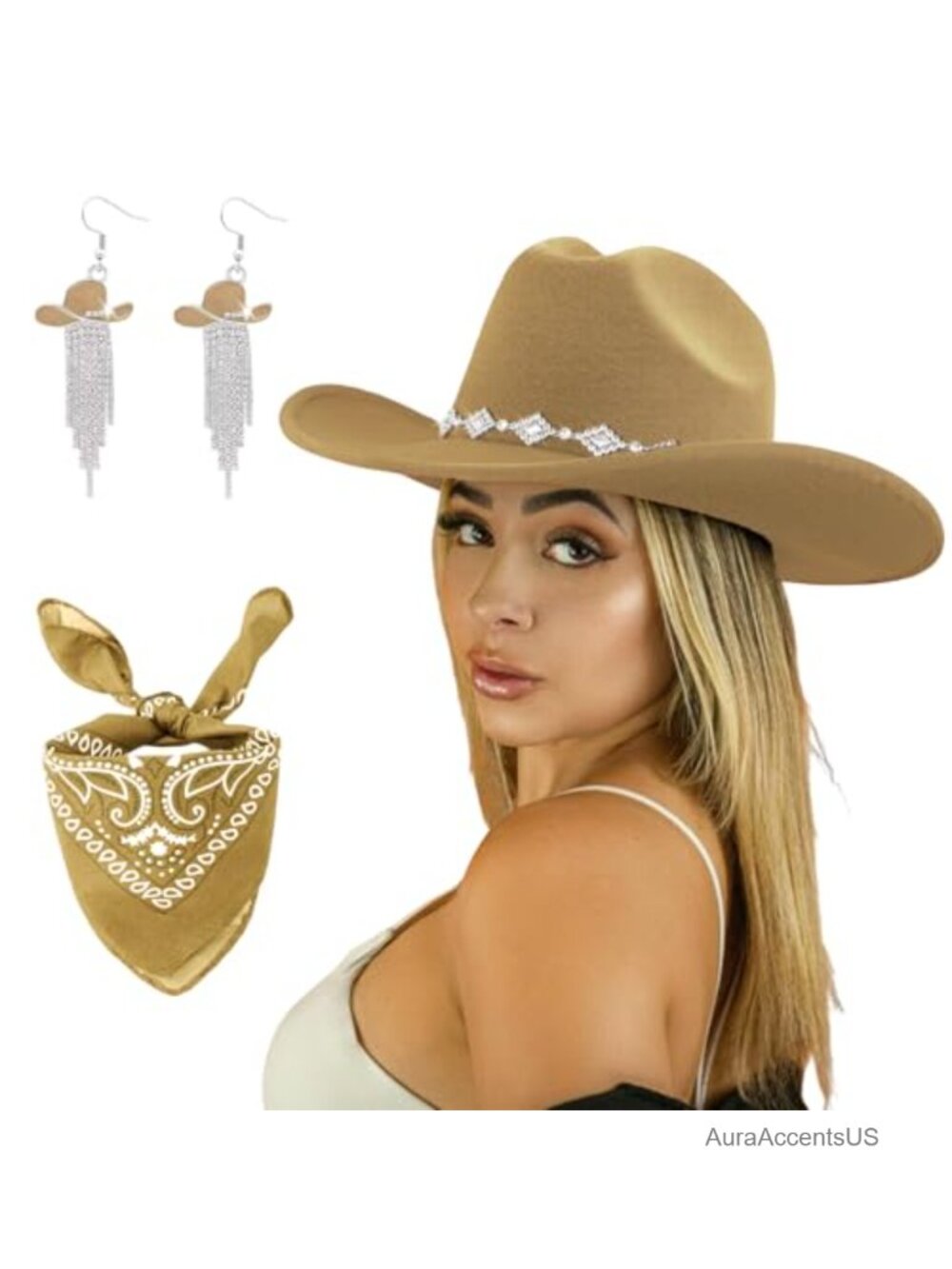 Rhinestone Cowboy Hat Wide Brim Felt with Bandana Tassel Earrings Western